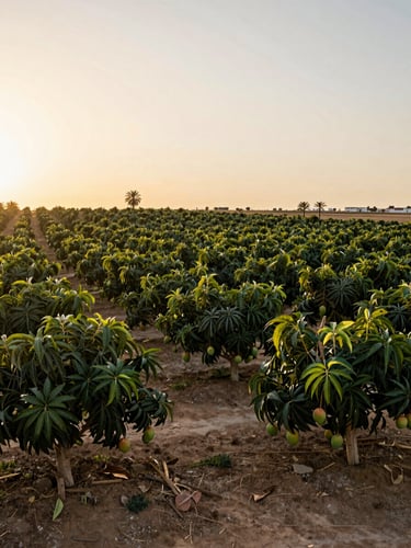 Wide shot of Almería tropical fields at golden hour, rows of mango trees extending into the distance, warm low light, documentary framing, no people