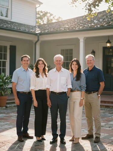 A warm, natural portrait of a professional property management team standing in a sun-drenched historic courtyard in St. Augustine, soft morning light, 35mm editorial photography