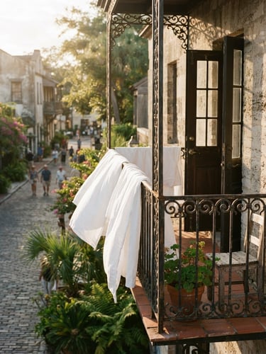 Warm editorial photography of a historic St. Augustine balcony with sun-drenched white linens draped over a railing, golden-hour morning light, soft shadows, 35mm