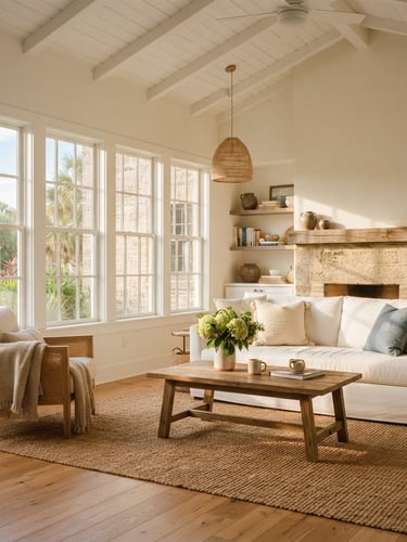 A bright, sun-drenched coastal living room interior in St. Augustine, warm morning light streaming through tall windows, crisp white linens, high ceilings, editorial 35mm photography.