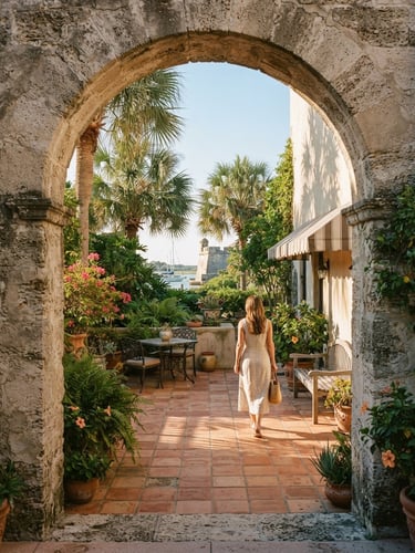 Warm editorial portrait of a historic St. Augustine stone archway leading to a sun-drenched coastal patio, soft morning light, shadows of palm leaves, 35mm photography