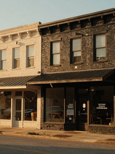 Warm editorial photography of Sterling Kansas main street storefront during golden hour, soft natural light, authentic small-town setting, 35mm