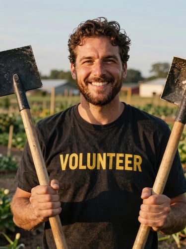 Close-up portrait of a friendly local volunteer smiling in a garden, holding wooden tools, warm natural golden-hour lighting, authentic Sterling Kansas setting, 35mm