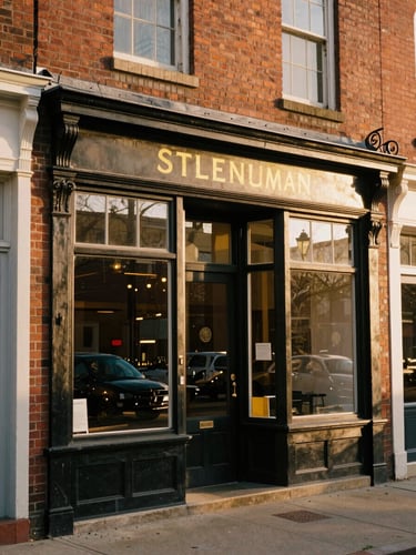 A warm editorial photograph of a historic brick storefront on Sterling main street, golden-hour natural light reflecting off clean glass windows, 35mm.