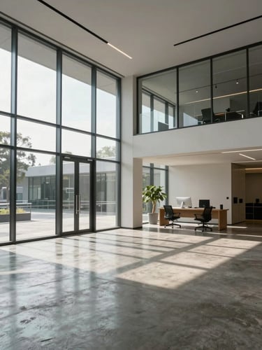 A clean, architectural interior shot of a minimalist office lobby with polished concrete floors and streak-free glass walls, natural morning light filtering in.