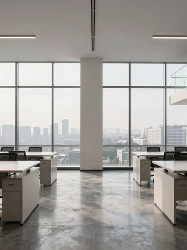 Symmetrical wide-angle architectural photograph of a pristine, modern boutique office interior. Floor-to-ceiling windows with diffused morning daylight, polished concrete floor, and clean minimalist desks. No people, highly structured composition.
