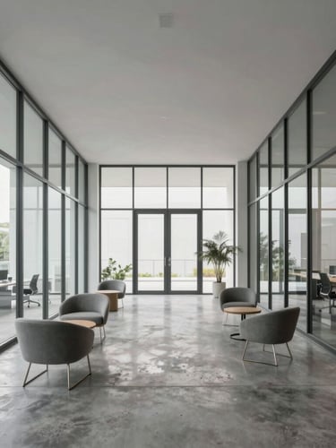 Symmetrical architectural interior of a modern minimalist office lounge, polished concrete floors, streak-free glass walls, natural diffused daylight, negative space.