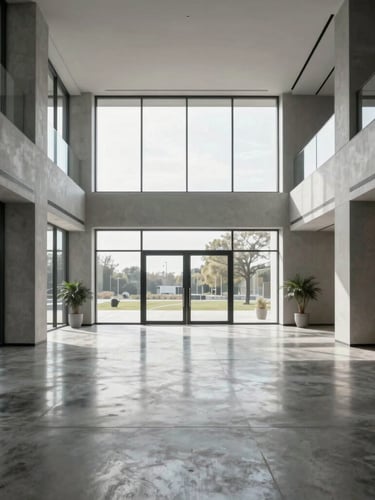 Symmetrical wide-angle architectural shot of a minimalist modern office lobby, polished concrete floors reflecting diffused daylight from floor-to-ceiling windows, clean lines, no people.