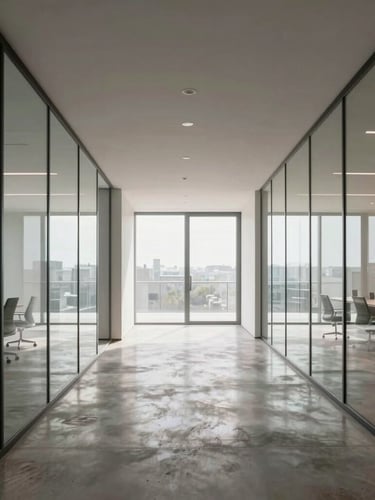 Symmetrical wide-angle architectural shot of a minimalist boutique office interior, polished concrete floors reflecting diffused natural daylight, pristine glass partitions, quiet luxury aesthetic.