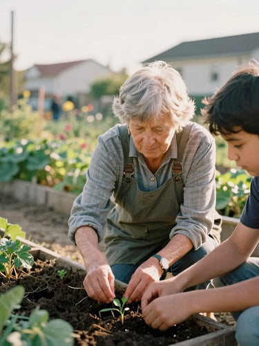 Candid environmental portrait of an elderly community organizer showing a young student how to plant seeds in a sunlit urban community garden, warm golden-hour light, 35mm film style.