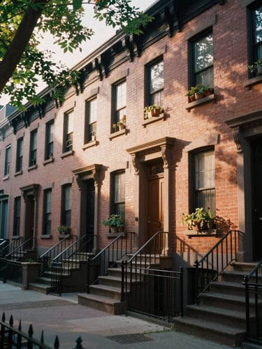 A quiet, warm-toned photograph of brick community brownstones in New York, soft golden hour sunlight filtering through green trees.