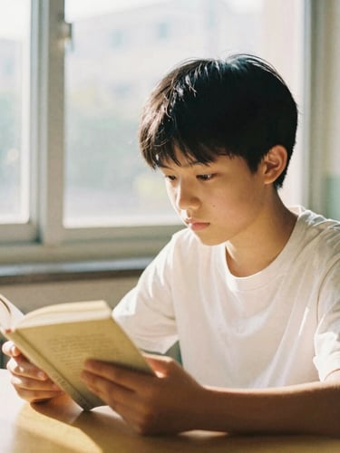 Candid environmental portrait of a young student reading a book near a sunlit classroom window, warm golden light, shallow depth of field, 35mm film look