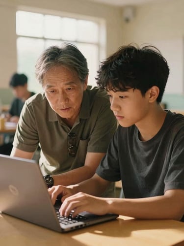 Candid medium shot of a mentor and a young adult student looking over a laptop in a sunlit community center, warm golden-hour tones, 35mm film look.