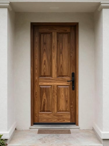 Straight-on medium shot of a residential front entry — solid wood door, clean stone threshold, overcast natural daylight, no people, architectural detail framing, clinical clarity
