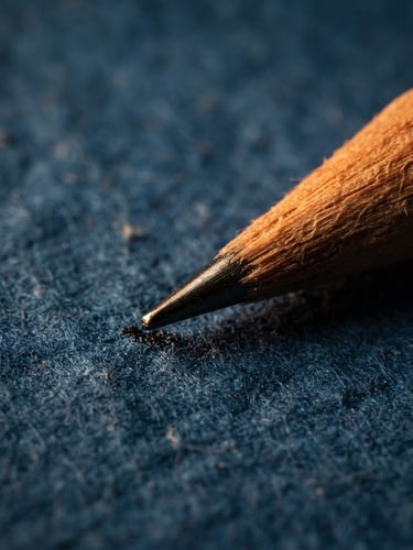 Macro close-up of a sharp graphite pencil point on thick textured blueprint paper, warm side-lighting highlighting the wood grain, minimalist composition