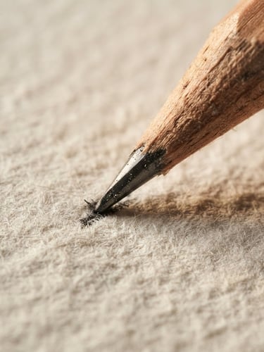 Macro overhead shot of a sharp graphite pencil tip touching textured heavy-grain paper, warm side-lighting highlighting paper fibers and cedar wood grain, minimalist studio setting