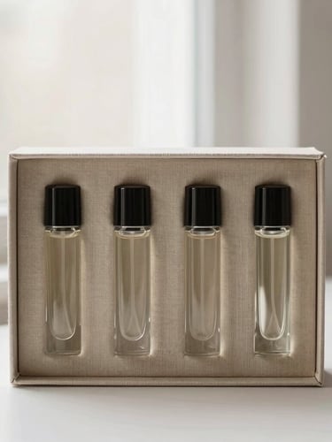 A luxurious minimalist gift box made of raw natural linen containing four sleek glass perfume vials, soft shadows, warm neutral tones, editorial photography.