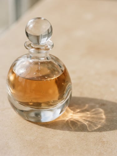 Macro close-up of a luxury glass perfume bottle casting a delicate caustic shadow on a warm beige surface, soft natural light, 35mm
