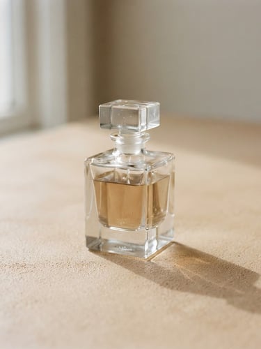 Minimalist editorial photography of a single architectural perfume bottle casting a delicate shadow on a warm champagne surface, soft natural window light, 35mm