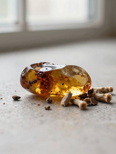 Macro close-up of amber resin and crushed vetiver roots on a clean warm-grey stone surface, soft natural window light, sharp focus, 35mm