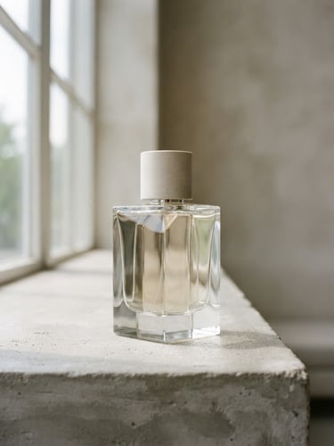 Minimalist editorial photography of a sharp architectural perfume bottle catching natural window light, soft shadows, neutral background, 35mm