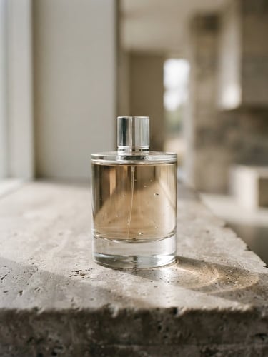 Macro close-up of a minimalist glass perfume bottle resting on a warm-grey stone surface, soft natural window light casting delicate caustics, architectural lines, 35mm editorial photography.