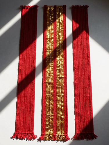 Straight-on studio flat-lay of vibrant diasporic craft materials, crimson and gold threads, natural sunlight, dramatic shadows, 35mm.