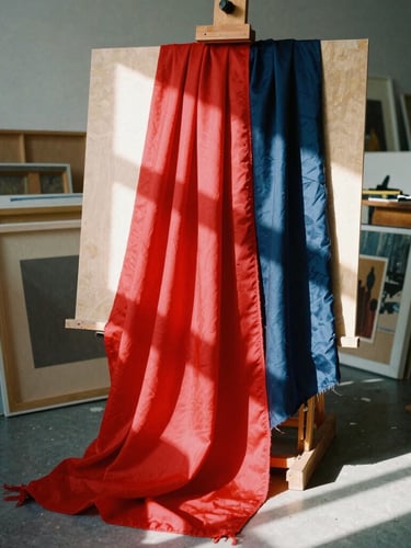 Vibrant editorial photography of a modern, sunlit art studio, high-contrast natural sunlight, rich saturated crimson and navy textiles draped over an easel, 35mm.