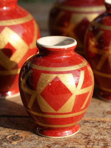 A close-up macro photograph of hand-painted ceramic vessels with bold geometric patterns in crimson and gold, resting on a rustic wooden table under warm golden-hour sunlight