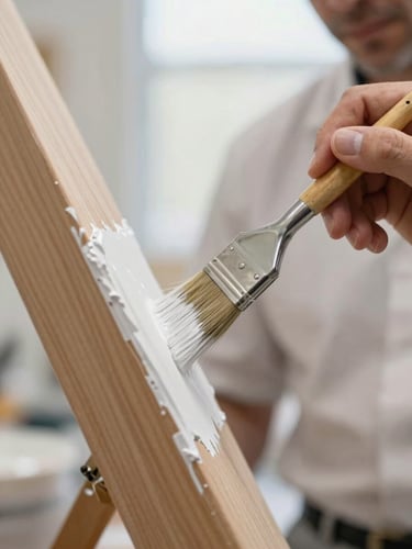 Macro close-up of a professional painter in a clean uniform using a precision brush to apply white paint along a perfectly taped timber trim, bright natural Perth daylight.