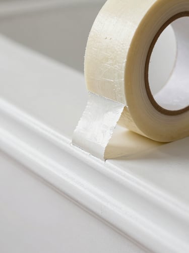 Macro shot of clean painter tape being pulled away to reveal a razor-sharp paint edge against bright white trim, bright natural light.