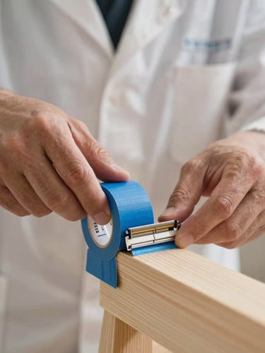 Close-up macro shot of a painter in a clean uniform applying blue painter's tape to a wooden trim, bright natural daylight, razor-sharp edge focus.