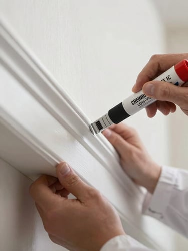 Macro close-up of a painter in a clean uniform applying a crisp, razor-sharp paint line along white timber trim using premium low-VOC paint, bright natural Western Australian daylight.