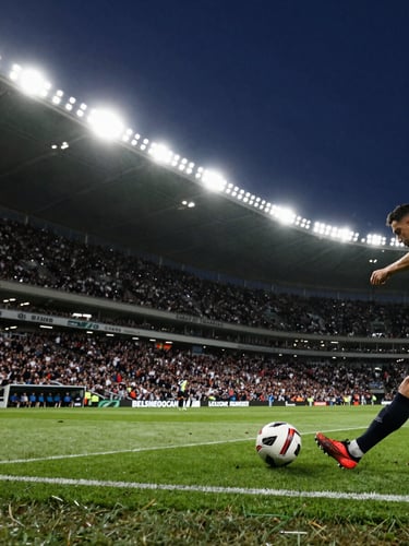 Wide cinematic shot of a packed football stadium at night, a player's boot striking the ball mid-kick in the foreground right third, stadium floodlights blazing against deep blue sky, crowd blur in the background left, high contrast between dark stands and bright green pitch