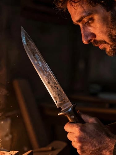 Close-up portrait of artisan Mateus Rapkevicz in a dark rustic workshop, side-lit by warm forge light, holding a hand-forged knife blade, rugged texture, soot-black background