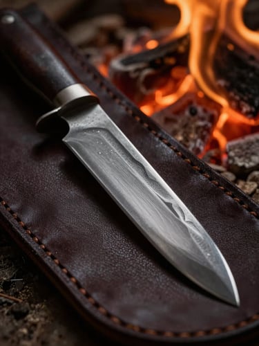 Dramatic low-key close-up of a hand-forged knife blade with visible hammer marks resting on dark vegetable-tanned leather, warm side-lighting from embers, rich amber and charcoal tones