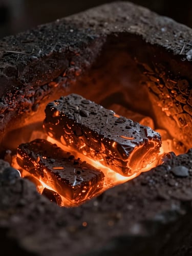 Macro shot of glowing orange embers in a dark stone forge, side-lit, dramatic shadows, highlighting raw steel texture, rich amber and charcoal tones