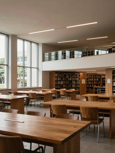Wide architectural shot of a modern, minimal university library in São Paulo, soft natural light coming from high windows on the left, empty oak tables, quiet and intellectual atmosphere.