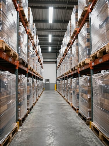 Wide warehouse interior shot, rows of shrink-wrapped pallets stacked floor to ceiling on industrial racking, bright fluorescent overhead lighting, concrete floor, no people, clean and organized, shot from ground level looking down a long aisle toward the loading dock
