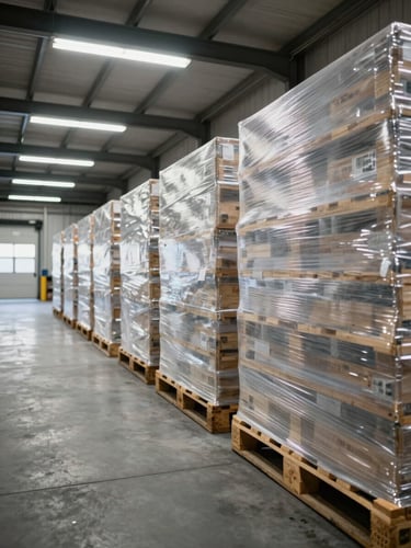 Wide warehouse interior shot from a low angle, long rows of stacked pallets wrapped in stretch film extending to the back wall under bright fluorescent lighting, loading dock doors visible in the far distance, concrete floor, no people, documentary-precise and clean