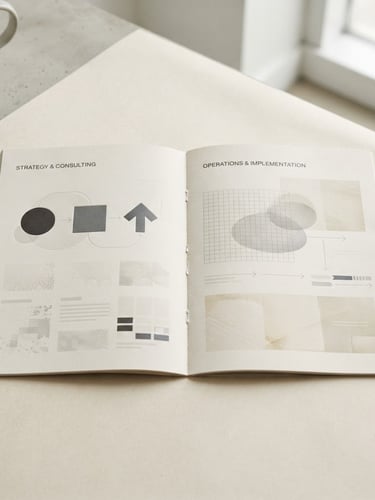Overhead flat-lay of a professional capability brief document, open to a key services page, on textured cream paper, soft diffused natural daylight, minimalist workspace background with a subtle architectural detail, 50mm lens.