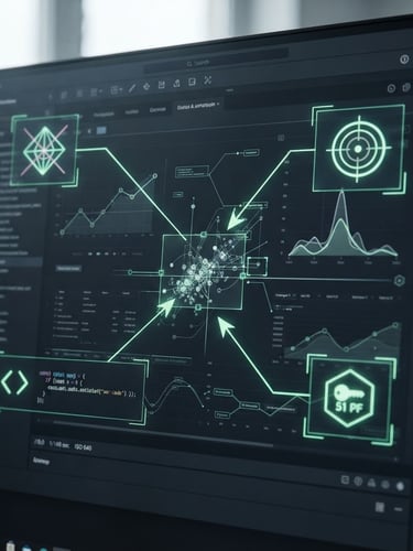 Straight-on UI crop of a software interface with custom neon-green annotated callouts on a dark screen, sharp tech editorial aesthetic, macro details.