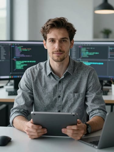 Straight-on portrait of a technical software analyst in a cool-toned modern workspace, desaturated slate tones, holding a tablet with lines of code, 35mm lens.