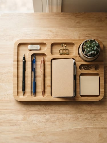 Overhead flat-lay of a modern bamboo desk organizer on a clean light-oatmeal desk, soft natural side-lighting from a window, 50mm lens, shallow depth of field