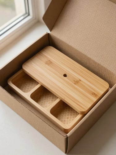 Overhead flat-lay of a cardboard shipping box packed with a bamboo desk organizer, wrapped in brown honeycomb paper, soft natural side-lighting.