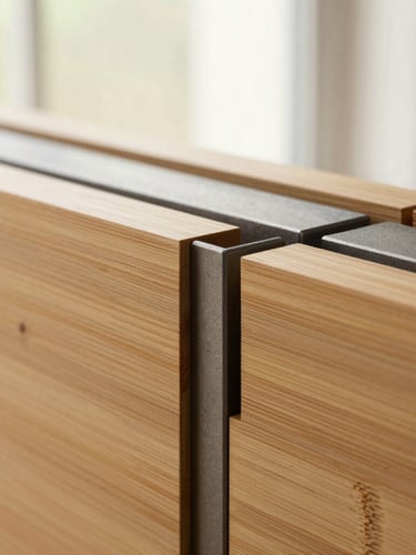 Close-up of matte powder-coated steel interlocking with smooth-grained natural bamboo, highlighting rich material textures, soft natural window light.