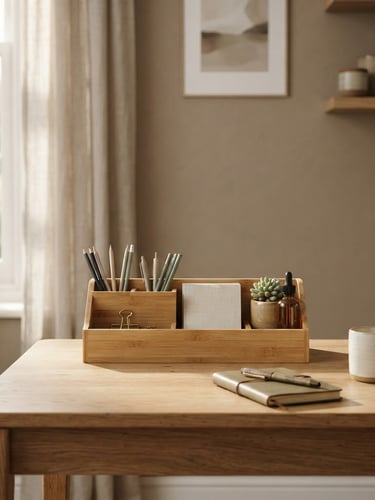 Straight-on eye-level shot of a minimalist wooden desk with a bamboo organizer under soft natural side-lighting from a window, muted earthy tones.