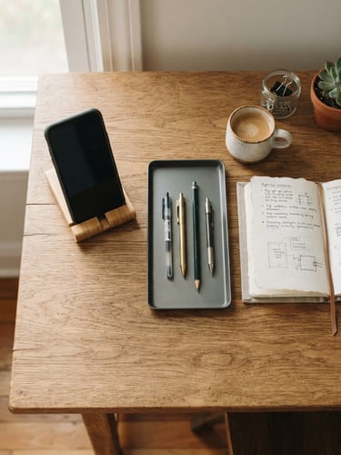 Overhead flat-lay of a perfectly organized wooden desk, a bamboo phone stand and matte metal tray holding pens, soft natural window light, muted earthy tones.
