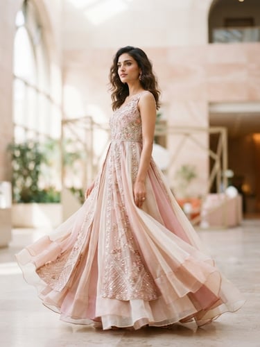 A female model in an elegant, flowing Afiya Fashions garment, standing in a bright, airy architectural setting with soft natural daylight, shallow depth of field, pastel pink and rose gold tones, 85mm lens.