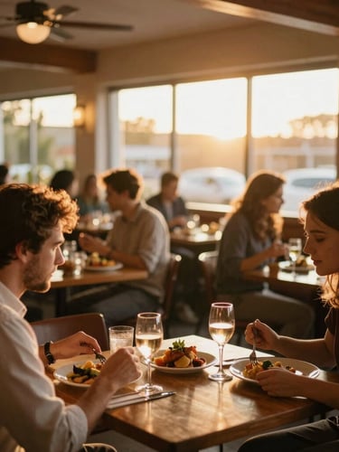 Warm, inviting interior of a bustling restaurant dining room at golden hour, soft focus on blurred patrons enjoying meals, inviting glow, wide environmental shot, natural window light, rich saturated colors.